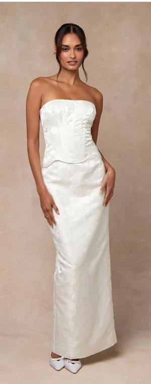Lulus Melva White Satin Jacquard Two-Piece Bustier Maxi Dress thumbnail 1