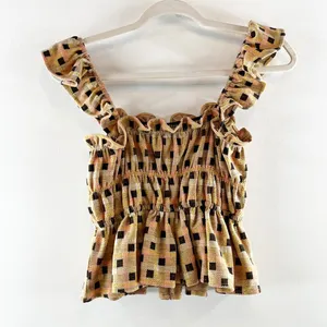 Anthropologie Eva Franco Ruffle Strap Check Peplum Tank Top Tan Black XS thumbnail 4
