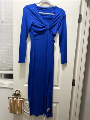 Elegant Royal Blue Cutout Long Sleeve Maxi Dress thumbnail 2