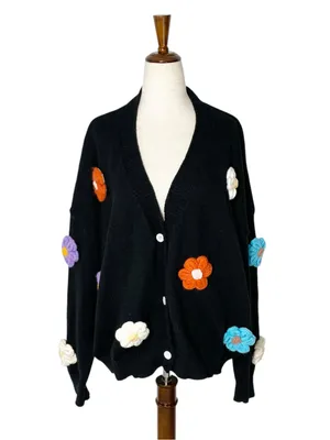 Crochet Flowers Cardigan Black Size 2X thumbnail 4
