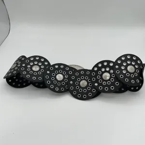 Womens Statement Belt Black Round‎ Circle Studded Belt Ornate Silver Buckle Y2K thumbnail 4