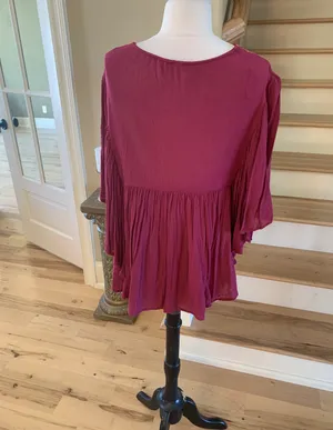 Flowy Maroon Hippie Top Embroidered Top Batwing Shirt Womens M Earthy thumbnail 8