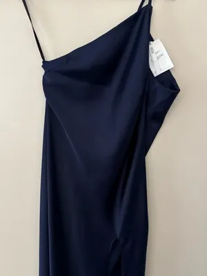 ASOS Navy One Shoulder Satin Midi Dress Side Slit Drape Back Elegant Evening 4 thumbnail 5
