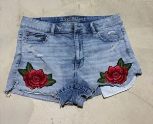 American Eagle Outfitters Blue Denim hi-rise shortie Red Rose Embroidery 14 thumbnail 1