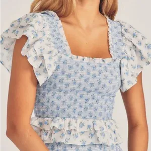 NWT LOVESHACKFANCY Wrennly Top in Powder Blue and White thumbnail 1