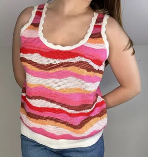 LOFT Knit Pink and Orange Color Block Wave Tank thumbnail 1