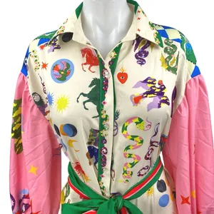 Women's Multicolor Graphic Long Balloon Sleeve Belted Maxi Shirt Dress Size XXL thumbnail 4