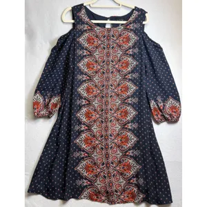AUW Cold Shoulder Shift Dress Size 12 Navy Orange Paisley Boho 3/4 Sleeve 459477 thumbnail 2