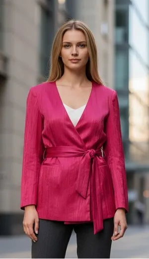 NWT ZARA Women's Blazer Wrinkle Effect Belted fuchsia Hot Pink Medium thumbnail 1