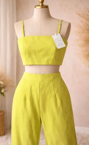 Aria Chartreuse Lime Two Piece Crop Top Wide Leg Pants Matching Set thumbnail 1