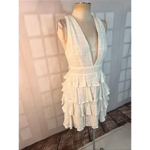 Saints & Secrets White Plunging Neck Ruffle Tiered Sleeveless Mini Dress Medium thumbnail 2