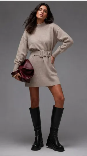 & Other Stories Beige Knit Sweater Dress M Belted Mock Neck Thick Oversized Prep thumbnail 1