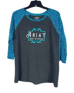 Ariat Women’s L Gray Blue Leopard Print 3/4 Sleeve Western Logo NWT Classic Fit thumbnail 1