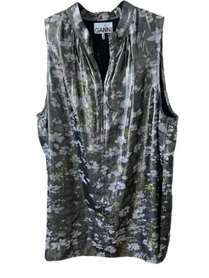 Ganni Floral print silk blend Metallic top Olive Green size 6 thumbnail 5
