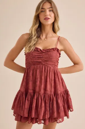 Altar'd State Floral Burnout Ruched Tiered Mini Dress Rust Brown XS thumbnail 1