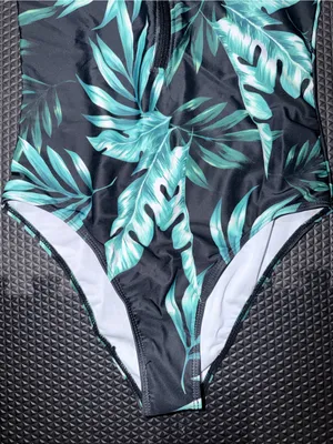 SHEIN Black One-Piece Rash Guard Swimsuit with Green Tropical Leaf Print thumbnail 10