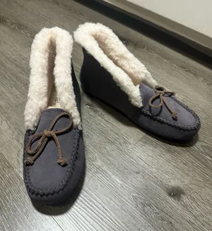 UGG Gray Suede Moccasin Slippers with Cream Shearling Trim thumbnail 1