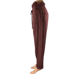 Free People Margate Maroon Brown High Waisted Tapered Paperbag Trousers Pants M thumbnail 2