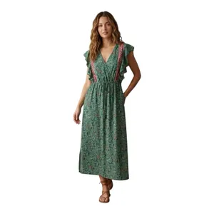 Boemo Ruffle Prairie Floral Green Paisley Maxi Dress V-Neck Ruffle Size Medium thumbnail 10