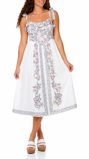 Trixxi Los Angeles Floral Smocked Midi Dress White Pink Blue Large thumbnail 1