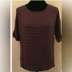 Madewell Tartan Plaid Short Sleeves-Rolled Cuff Top in Red and Green | Sz Medium thumbnail 12
