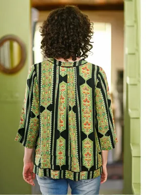 April Cornell Peru Ruffled Hem Blouse Top Olive Floral Green Herbs L thumbnail 3