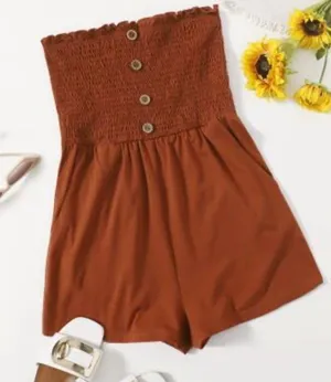 SHEIN Brown High Waist Shorts with Smocked Waistband thumbnail 1