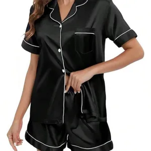 SHEIN Black Satin Short Pajama Set with White Piping thumbnail 3