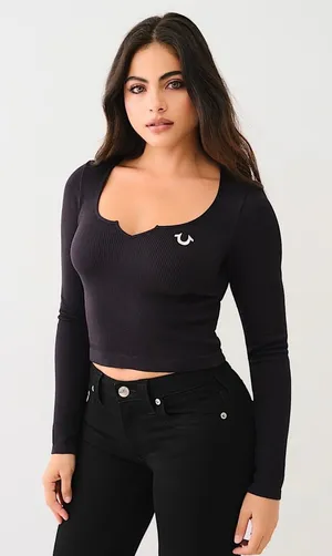 True Religion Womens Ribbed Seamless Crop Top Long Sleeve Tan Brown Logo‎ M/L thumbnail 1