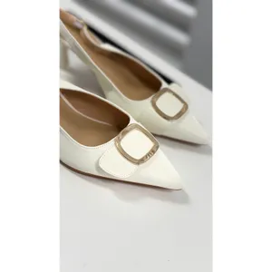 Venus Chan White Slingback Pumps Pointed Toe Gold Buckle Kitten Heels EU44 US 12 thumbnail 2