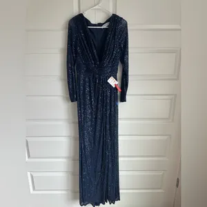 Mac Duggal 26490 Midnight Sequin Long Sleeve‎ Faux Wrap Formal Gown NWT thumbnail 4