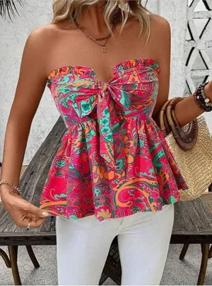 Floral Tube Crop Top Strapless‎ Tie Front Boho Pullover Bandeau Size M thumbnail 1