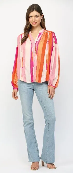 Fate Womens Pink Orange Striped Button Down Balloon Sleeve Blouse FT23201 Small thumbnail 1