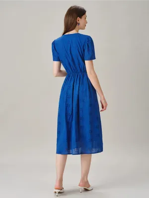 Rihoas Blue V Neck Puffed Sleeve Slit Midi Dress thumbnail 6
