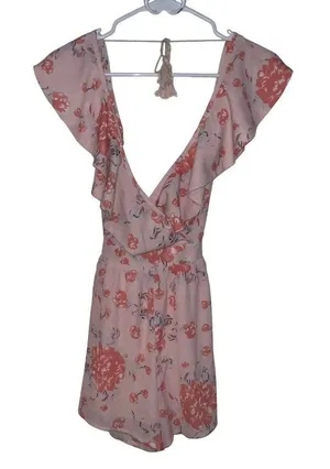 Angel Biba Open Back Orange Floral‎ Romper Ruffle V Neck Tassle Back Ties Size 8 thumbnail 1