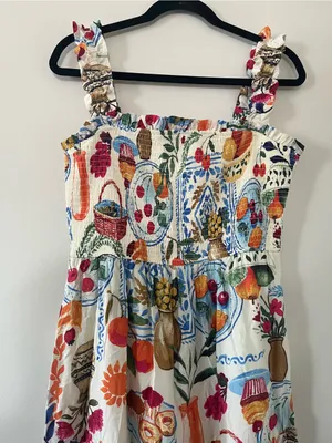 White Red Fruit Novelty Print Smocked Tiered Midi Dress Large Mediterranean thumbnail 2