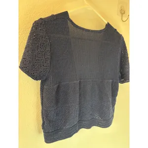 Navy Blue Pointelle Knit Short Sleeve Top Textured Crochet Style‎ Ribbed Sweater thumbnail 2