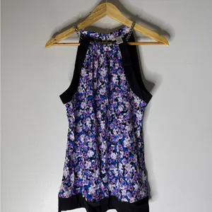 Cache Silk mock neck sleeveless‎ floral blouse Silver Chain straps Medium thumbnail 2