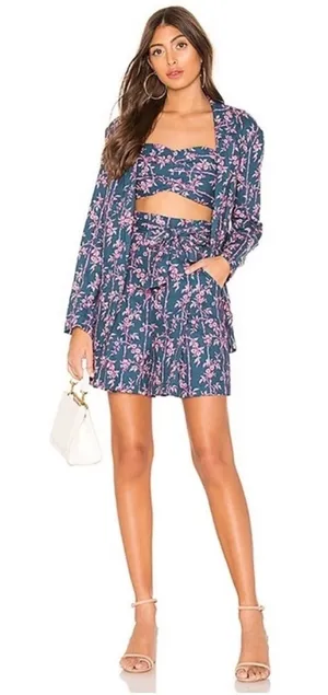 Free People Poolside Navy Blue & Pink Floral 3 Piece Set Sz‎ L thumbnail 1