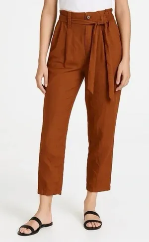 American Eagle Outfitters Burnt Orange High-Rise Linen Blend Cropped Pants with Belt thumbnail 1