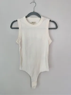 Madewell Crewneck Thong Bodysuit in Sleekhold Small NEW Lighthouse White thumbnail 2