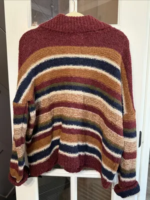 BKE Oversized Fuzzy Burgundy Stripe Cowlneck Sweater Med NWT GRANOLA GOBLINCORE thumbnail 4