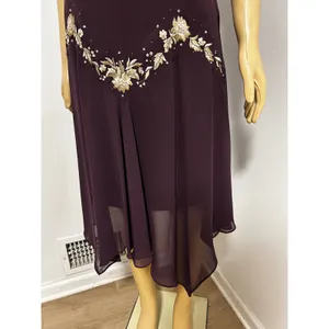 Y2K Vintage SL FASHIONS Plum Purple Beaded Floral Handkerchief Hem Midi Dress thumbnail 5