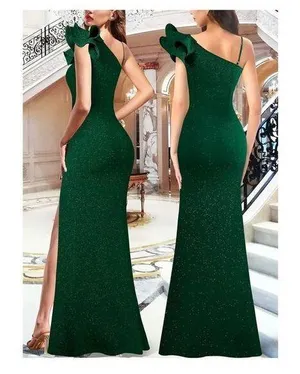 NEW Ruffle 1 Shoulder Strap Ruched Formal Prom Maxi Dress Split Gown S thumbnail 1