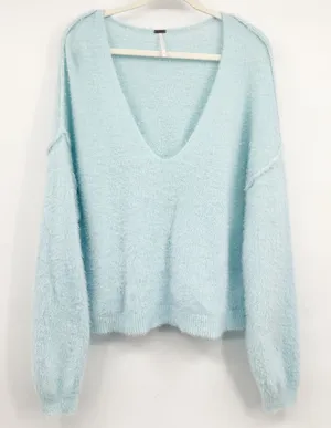 Free People Womens Princess‎ Delicate Blue Fuzzy Ethereal Coquette Sweater M thumbnail 1