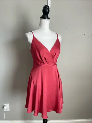 EXPRESS Rose Red Satin Faux Wrap Mini Flare Dress Sz XS thumbnail 4