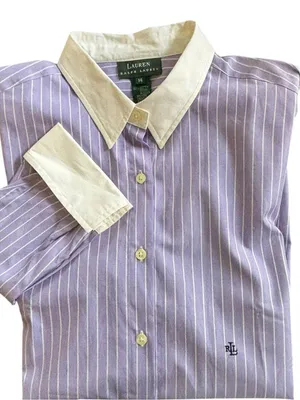 Lauren Ralph Lauren Pinstripe English Garden Blouse Sz 14 Button Up 100% Cotton thumbnail 1