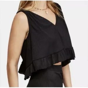 Free People No Excuses Ruffle Ribbed Crop Top Women's S Black Grunge WhimsyGoth‎ thumbnail 2