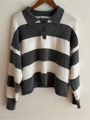 No Boundaries Striped Knit Polo Sweater Henley Grey White XL 16-18 Preppy thumbnail 8