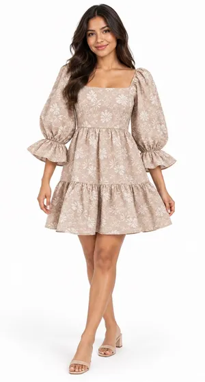 Shop the Mint Tan White Floral Embroidered Puff Sleeve Mini Dress Large thumbnail 1